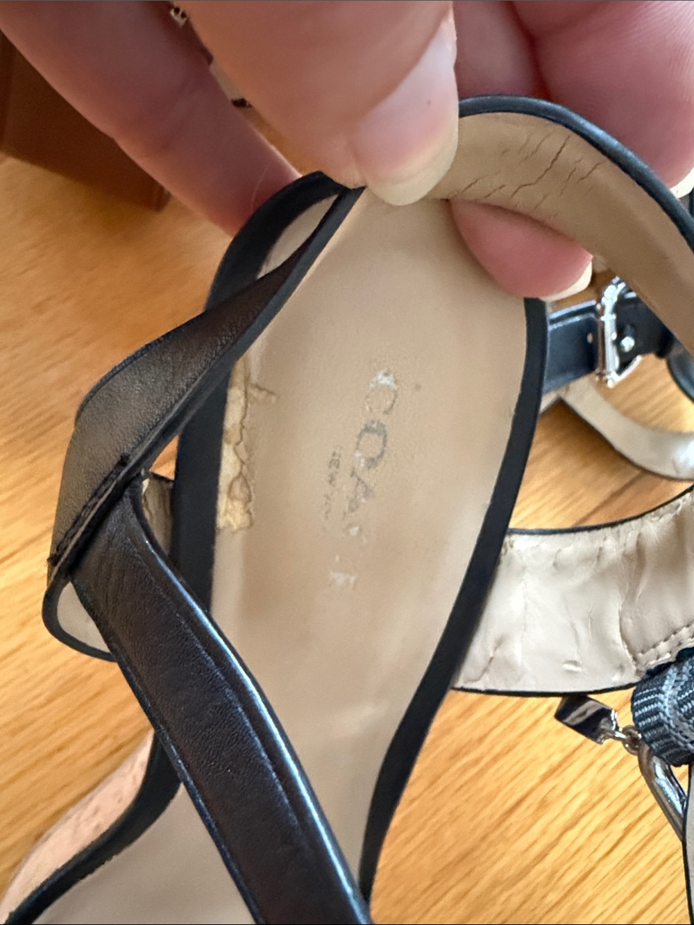 Coach Two-Tone Brown & Black Leather Wedge Sandals - Picture 4 of 5